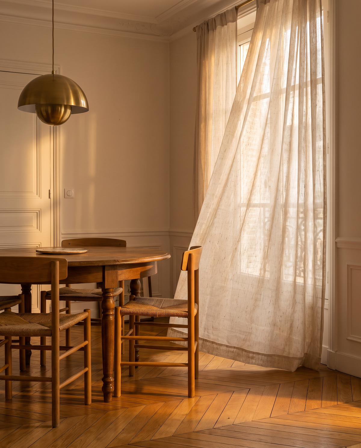 Voilage Kaori – salle à manger, lumière de fin de journée