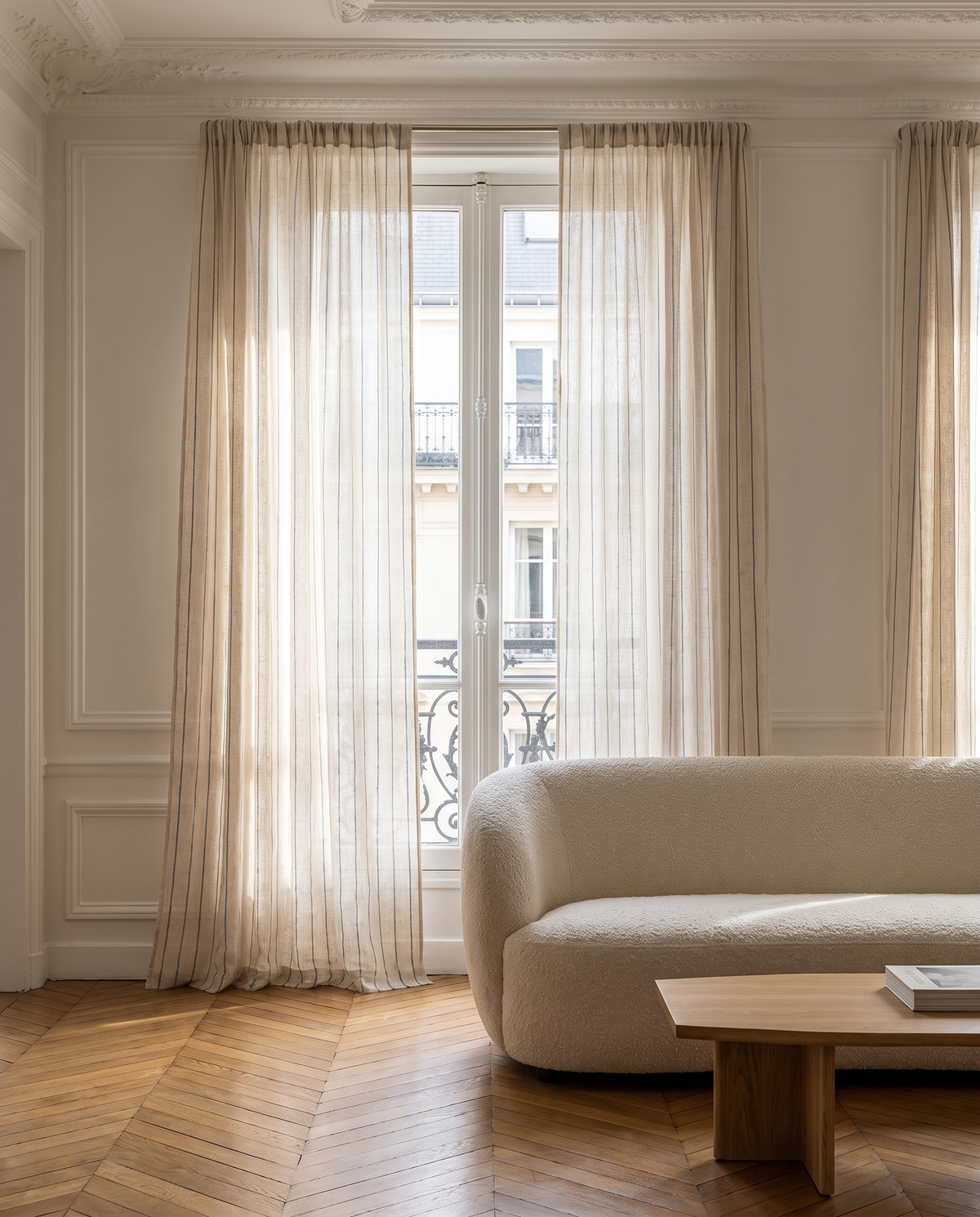 Voilage Azura – salon haussmannien à la lumière du matin