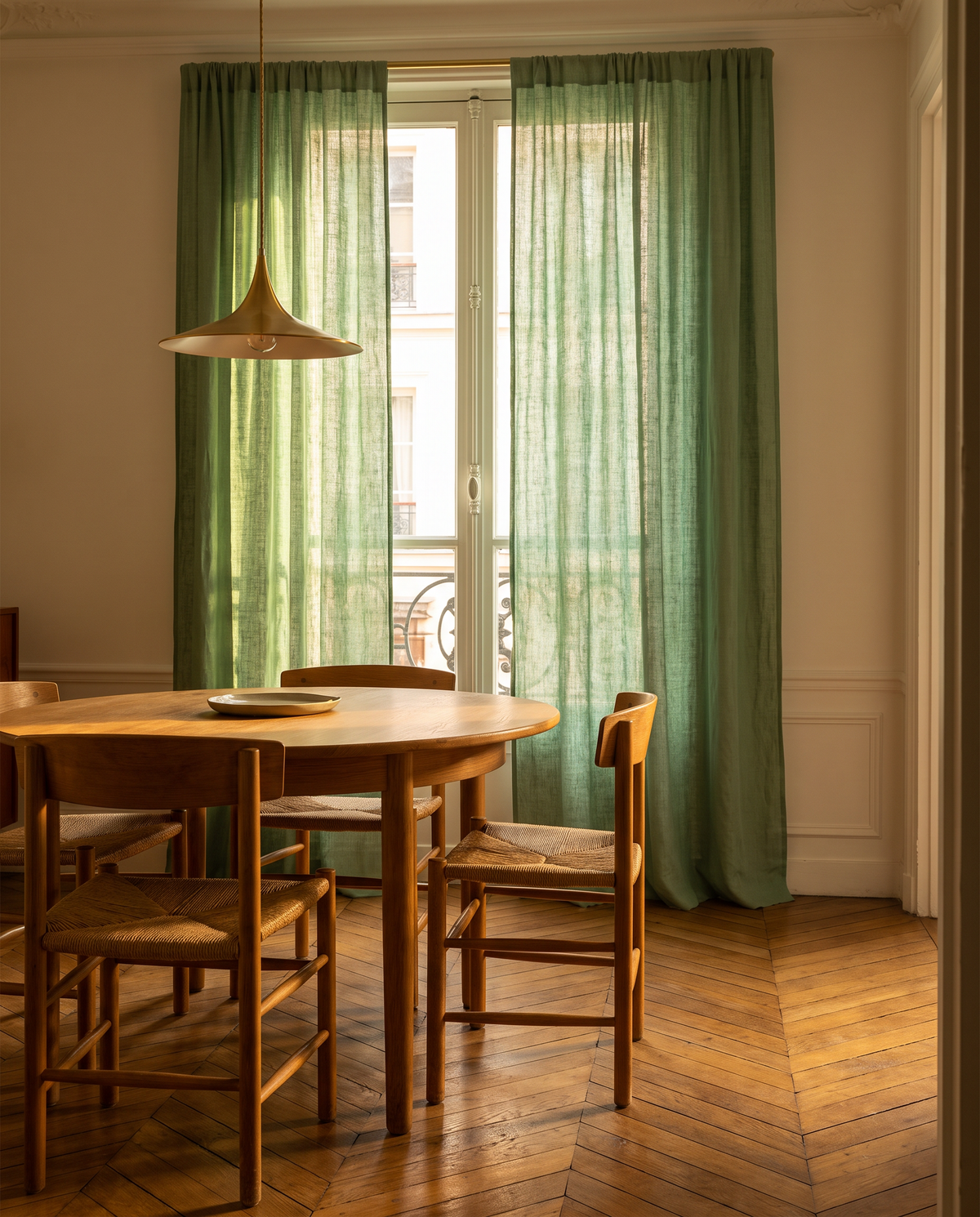 Voilage Aube – salle à manger, lumière de fin de journée