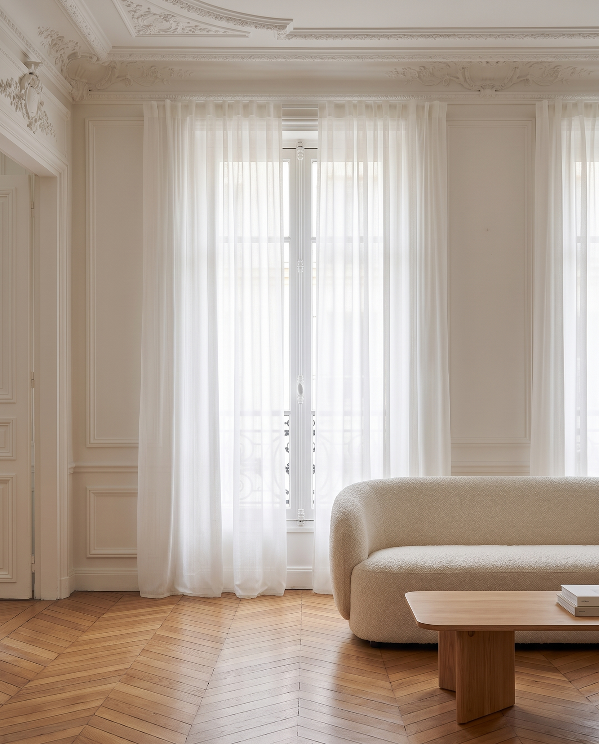 Voilage Perle – salon haussmannien à la lumière du matin
