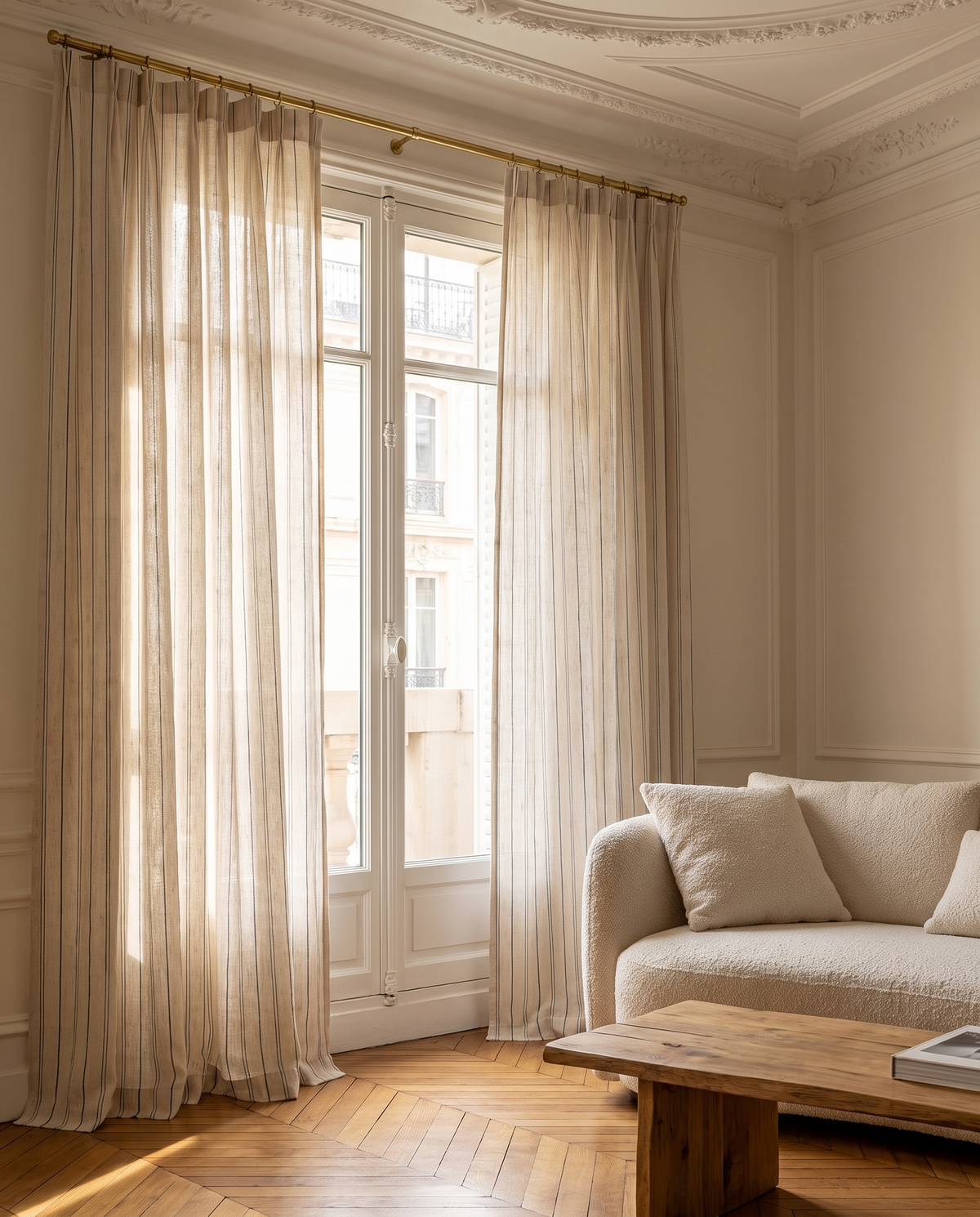 Voilage Arven – salon haussmannien à la lumière du matin