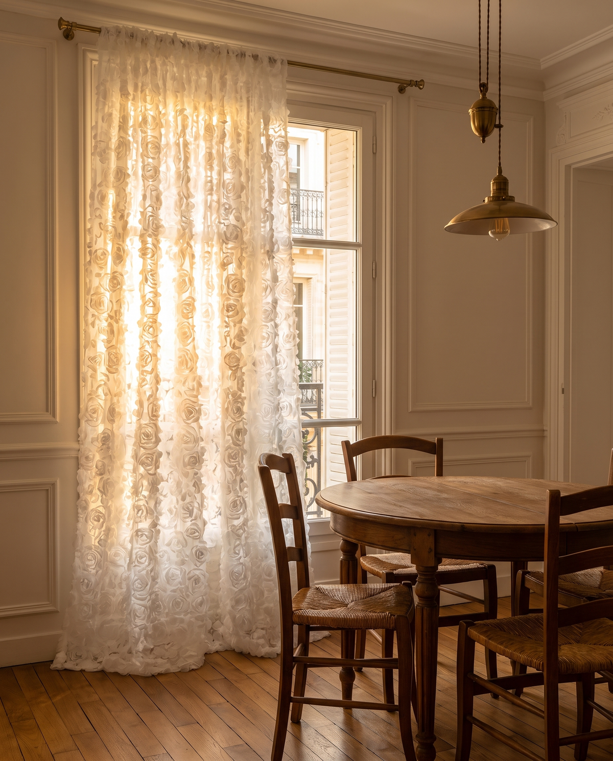 Voilage Rosalia – salle à manger, lumière de fin de journée
