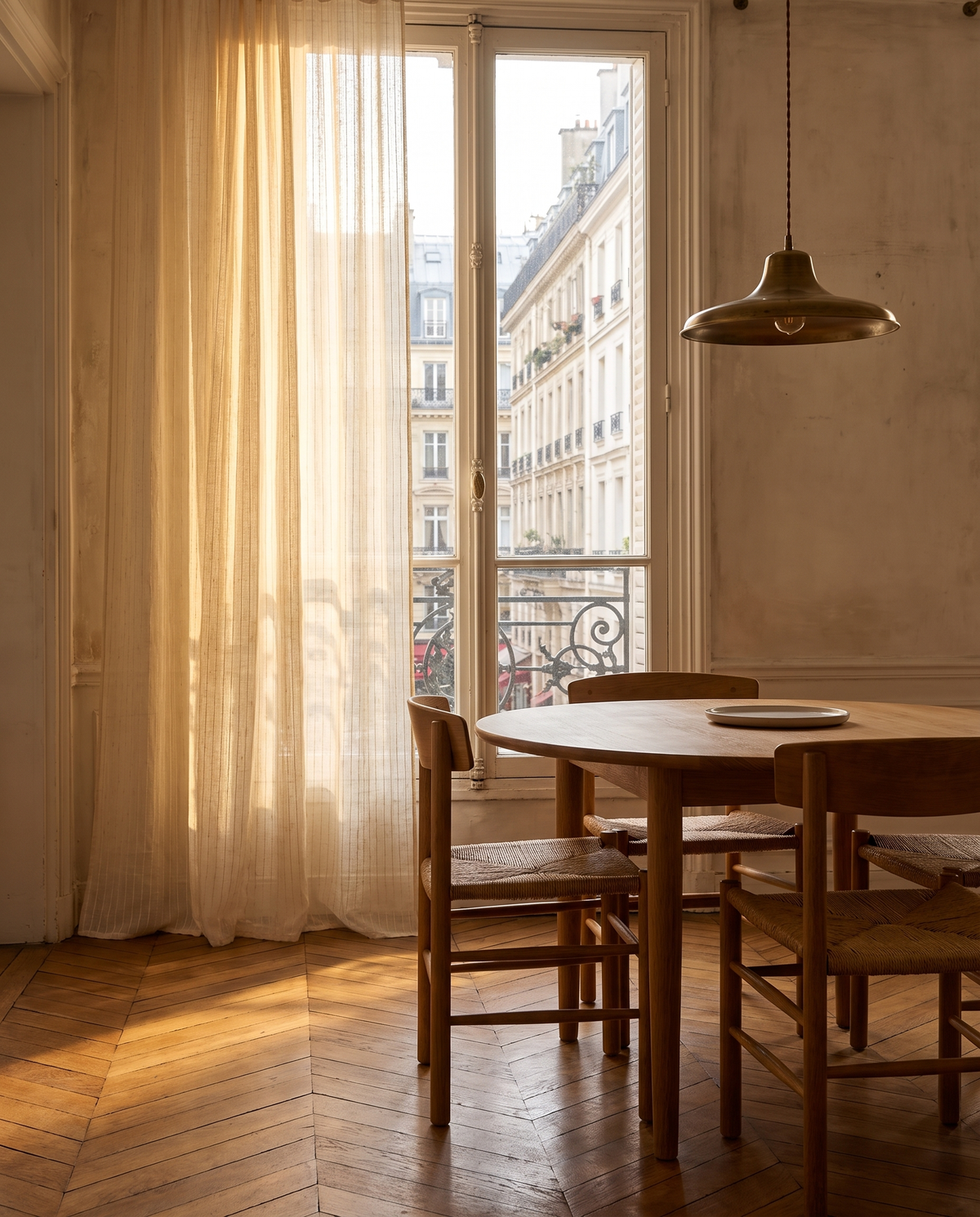 Voilage Linoa – salle à manger, lumière de fin de journée