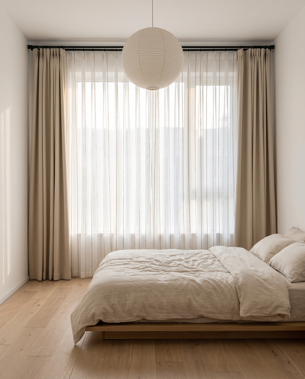 Voilage Sora — dans une chambre, associé à un rideau occultant beige