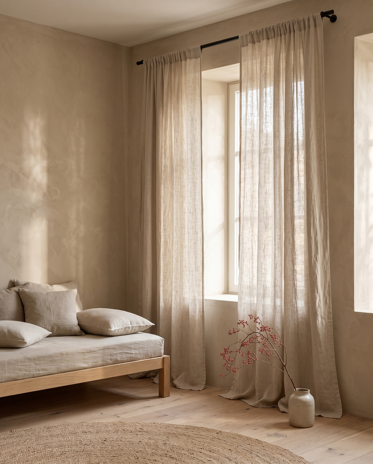 Voilage Linor coloris lin — au salon, lumière du matin